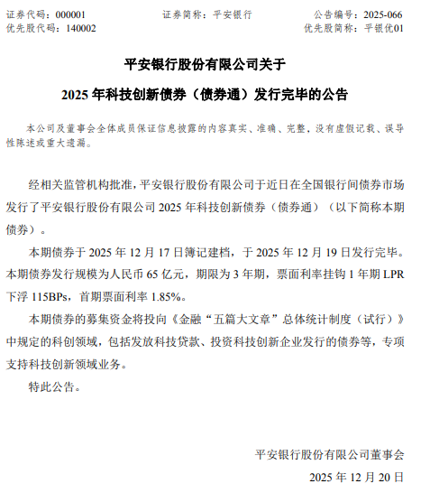 股市配资在线登录 平安银行：成功发行65亿元科技创新债券